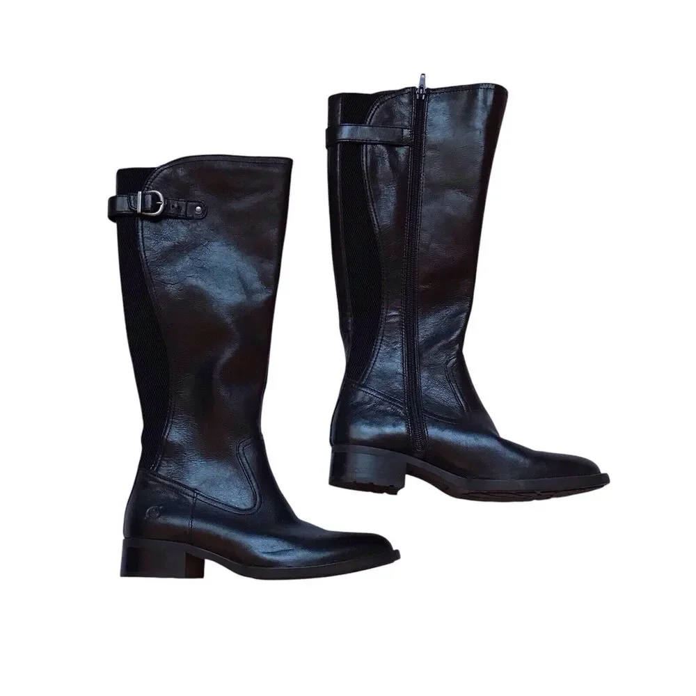 Born Boots Womens SZ 6M BLK Carran Riding Leather‎ Knee High Side Zip Comfort